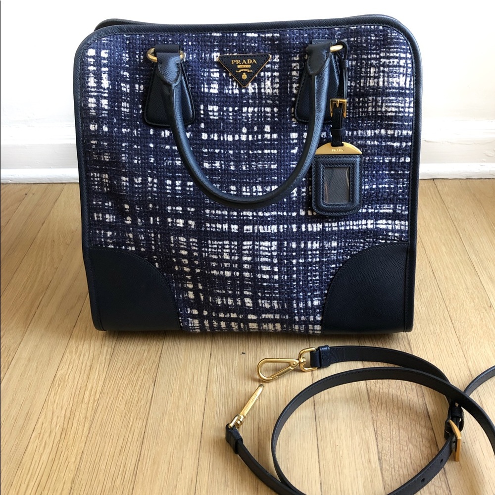 Prada Tela Tweed Saffiano Inchiostro Tote
